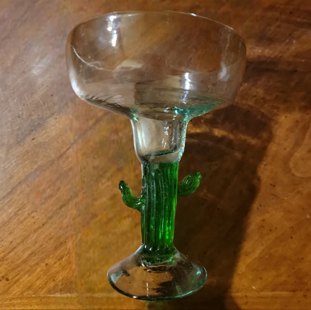1 Mexican Hand Blown Margarita Glass Desert Green Saguaro Cactus